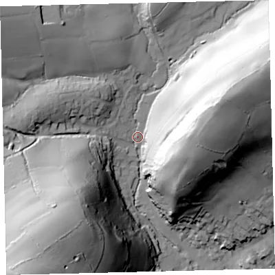 Shaded relief map of the ground around TQ137JG, computed from Environment Agency LiDAR. The ground here sits at about 80 m above sea level and falls 90 m across the surrounding 800 m. Surface water reaching this point runs off ground lying to the east-north-east, 65.6 m higher.