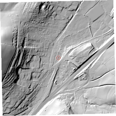 Shaded relief map of the ground around TQ137LF, computed from Environment Agency LiDAR. The ground here sits at about 85 m above sea level and falls 58 m across the surrounding 800 m. Surface water reaching this point runs off ground lying to the east-north-east, 6.8 m higher.