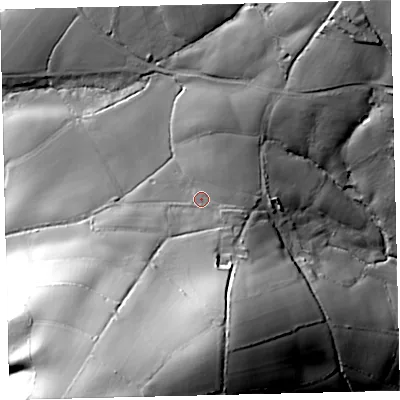 Shaded relief map of the ground around TQ137NN, computed from Environment Agency LiDAR. The ground here sits at about 77 m above sea level and falls 67 m across the surrounding 800 m. Surface water reaching this point runs off ground lying to the south, 35.6 m higher.