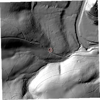 Shaded relief map of the ground around TQ137NS, computed from Environment Agency LiDAR. The ground here sits at about 93 m above sea level and falls 133 m across the surrounding 800 m. Surface water reaching this point runs off ground lying to the west-north-west, 72.9 m higher.