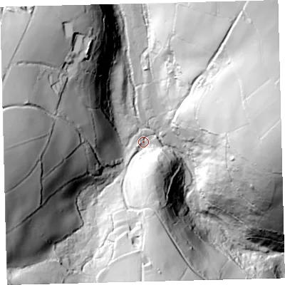 Shaded relief map of the ground around TQ137PJ, computed from Environment Agency LiDAR. The ground here sits at about 227 m above sea level and falls 100 m across the surrounding 800 m. Surface water reaching this point runs off ground lying to the south, 43.8 m higher.
