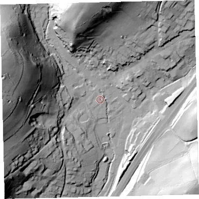 Shaded relief map of the ground around TQ137QB, computed from Environment Agency LiDAR. The ground here sits at about 72 m above sea level and falls 85 m across the surrounding 800 m. Surface water reaching this point runs off ground lying to the west, 75.6 m higher.