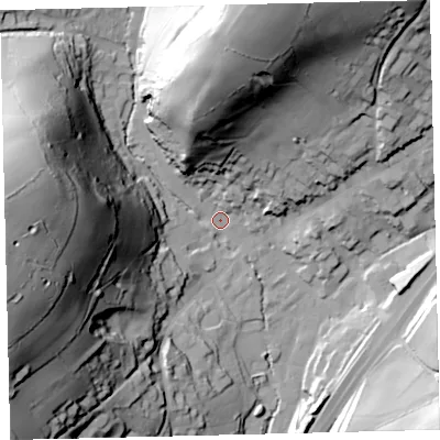 Shaded relief map of the ground around TQ137QD, computed from Environment Agency LiDAR. The ground here sits at about 72 m above sea level and falls 88 m across the surrounding 800 m. Surface water reaching this point runs off ground lying to the north, 55.2 m higher.