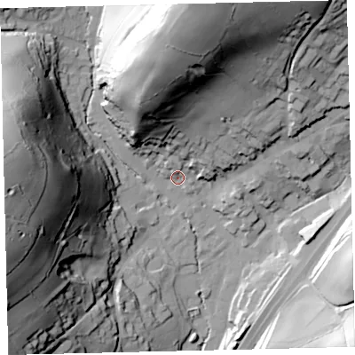 Shaded relief map of the ground around TQ137QE, computed from Environment Agency LiDAR. The ground here sits at about 74 m above sea level and falls 85 m across the surrounding 800 m. Surface water reaching this point runs off ground lying to the north, 57.9 m higher.