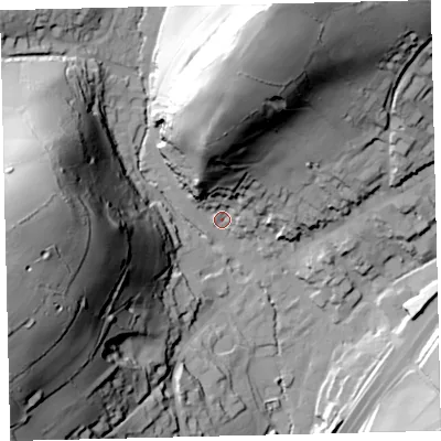 Shaded relief map of the ground around TQ137QF, computed from Environment Agency LiDAR. The ground here sits at about 75 m above sea level and falls 89 m across the surrounding 800 m. Surface water reaching this point runs off ground lying to the north, 53.8 m higher.