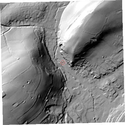 Shaded relief map of the ground around TQ137QH, computed from Environment Agency LiDAR. The ground here sits at about 76 m above sea level and falls 96 m across the surrounding 800 m. Surface water reaching this point runs off ground lying to the west-south-west, 89.4 m higher.