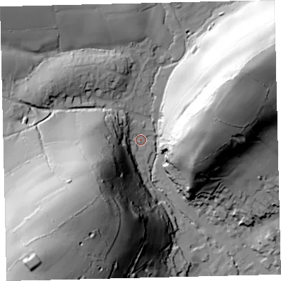 Shaded relief map of the ground around TQ137QL, computed from Environment Agency LiDAR. The ground here sits at about 80 m above sea level and falls 93 m across the surrounding 800 m. Surface water reaching this point runs off ground lying to the west-south-west, 58.1 m higher.