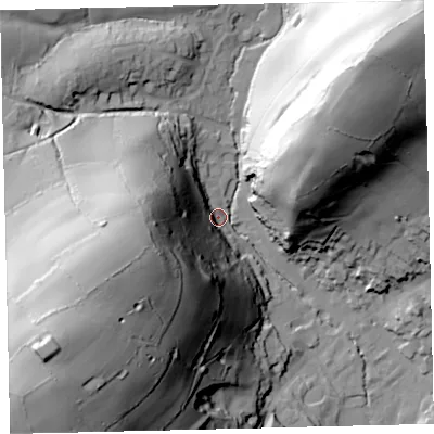 Shaded relief map of the ground around TQ137RN, computed from Environment Agency LiDAR. The ground here sits at about 79 m above sea level and falls 95 m across the surrounding 800 m. Surface water reaching this point runs off ground lying to the south-west, 87.6 m higher.
