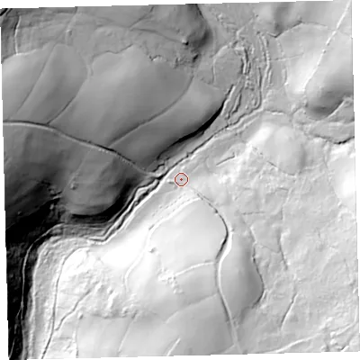 Shaded relief map of the ground around TQ137TG, computed from Environment Agency LiDAR. The ground here sits at about 222 m above sea level and falls 77 m across the surrounding 800 m. Surface water reaching this point runs off ground lying to the south, 47.9 m higher.