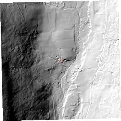 Shaded relief map of the ground around TQ137TR, computed from Environment Agency LiDAR. The ground here sits at about 276 m above sea level and falls 160 m across the surrounding 800 m. Surface water reaching this point runs off ground lying to the west, 134.8 m higher.
