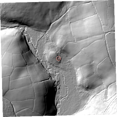 Shaded relief map of the ground around TQ137TY, computed from Environment Agency LiDAR. The ground here sits at about 318 m above sea level and falls 42 m across the surrounding 800 m. Surface water reaching this point runs off ground lying to the north-west, 4.5 m higher.