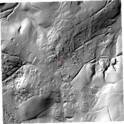 Shaded relief map of the ground around TQ138AT, computed from Environment Agency LiDAR. The ground here sits at about 184 m above sea level and falls 103 m across the surrounding 800 m. Surface water reaching this point runs off ground lying to the south-south-east, 32.1 m higher.