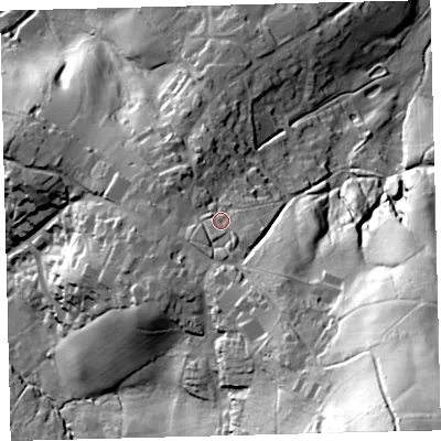 Shaded relief map of the ground around TQ138BN, computed from Environment Agency LiDAR. The ground here sits at about 188 m above sea level and falls 111 m across the surrounding 800 m. Surface water reaching this point runs off ground lying to the south, 8.8 m higher.