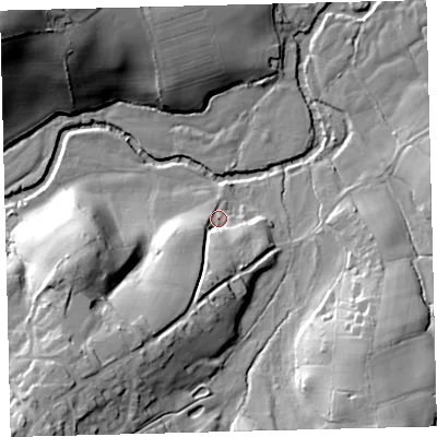 Shaded relief map of the ground around TQ138DA, computed from Environment Agency LiDAR. The ground here sits at about 148 m above sea level and falls 44 m across the surrounding 800 m. Surface water reaching this point runs off ground lying to the south-west, 32.7 m higher.