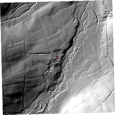 Shaded relief map of the ground around TQ138EF, computed from Environment Agency LiDAR. The ground here sits at about 292 m above sea level and falls 60 m across the surrounding 800 m. Surface water reaching this point runs off ground lying to the west-south-west, 35.2 m higher.