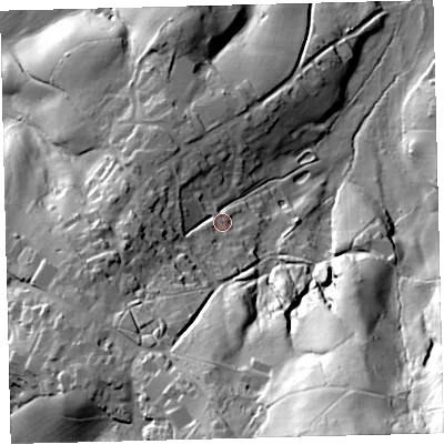Shaded relief map of the ground around TQ138FN, computed from Environment Agency LiDAR. The ground here sits at about 169 m above sea level and falls 87 m across the surrounding 800 m. Surface water reaching this point runs off ground lying to the south, 45.4 m higher.