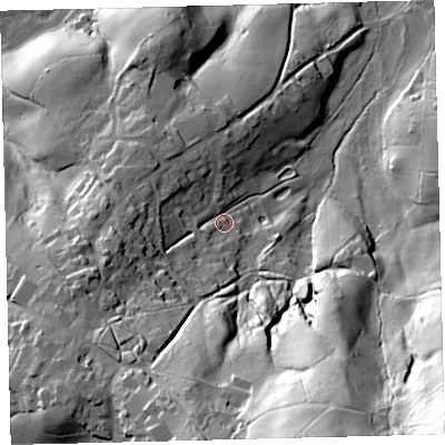 Shaded relief map of the ground around TQ138FP, computed from Environment Agency LiDAR. The ground here sits at about 166 m above sea level and falls 92 m across the surrounding 800 m. Surface water reaching this point runs off ground lying to the south, 46.5 m higher.