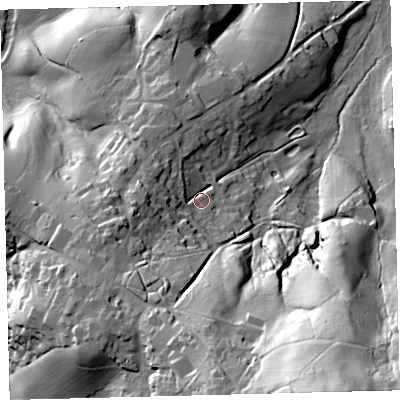 Shaded relief map of the ground around TQ138FQ, computed from Environment Agency LiDAR. The ground here sits at about 171 m above sea level and falls 90 m across the surrounding 800 m. Surface water reaching this point runs off ground lying to the south-south-east, 43.3 m higher.