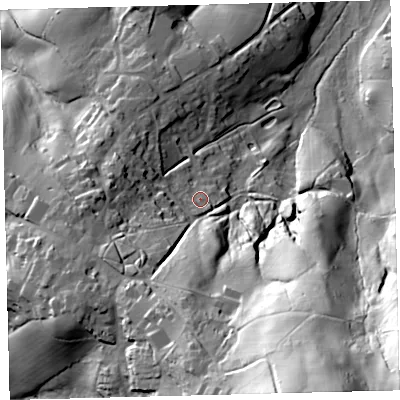 Shaded relief map of the ground around TQ138FR, computed from Environment Agency LiDAR. The ground here sits at about 172 m above sea level and falls 97 m across the surrounding 800 m. Surface water reaching this point runs off ground lying to the south-west, 24.3 m higher.