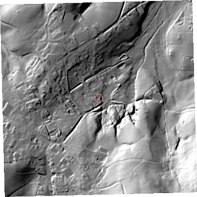 Shaded relief map of the ground around TQ138FS, computed from Environment Agency LiDAR. The ground here sits at about 169 m above sea level and falls 102 m across the surrounding 800 m. Surface water reaching this point runs off ground lying to the south-west, 7.8 m higher.