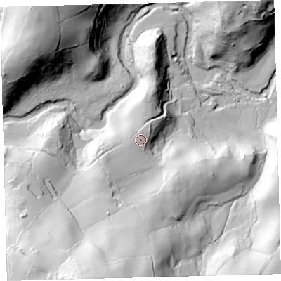 Shaded relief map of the ground around TQ138HG, computed from Environment Agency LiDAR. The ground here sits at about 184 m above sea level and falls 99 m across the surrounding 800 m. Surface water reaching this point runs off ground lying to the south-west, 12.6 m higher.