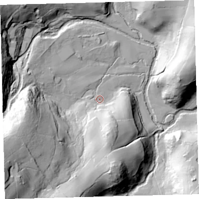 Shaded relief map of the ground around TQ138HH, computed from Environment Agency LiDAR. The ground here sits at about 184 m above sea level and falls 79 m across the surrounding 800 m. Surface water reaching this point runs off ground lying to the south-south-east, 31.5 m higher.
