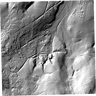 Shaded relief map of the ground around TQ138JE, computed from Environment Agency LiDAR. The ground here sits at about 166 m above sea level and falls 106 m across the surrounding 800 m. Surface water reaching this point runs off ground lying to the south, 73.3 m higher.