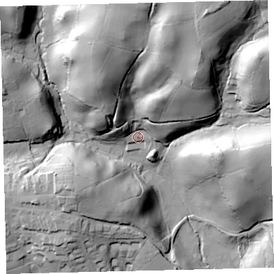 Shaded relief map of the ground around TQ138LX, computed from Environment Agency LiDAR. The ground here sits at about 182 m above sea level and falls 78 m across the surrounding 800 m. Surface water reaching this point runs off ground lying to the north-north-east, 66.6 m higher.