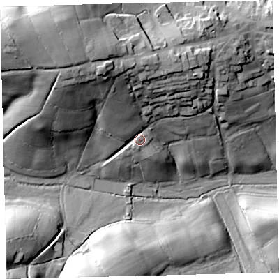 Shaded relief map of the ground around TQ138NZ, computed from Environment Agency LiDAR. The ground here sits at about 189 m above sea level and falls 49 m across the surrounding 800 m. Surface water reaching this point runs off ground lying to the north-north-west, 28.8 m higher.