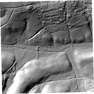 Shaded relief map of the ground around TQ138PQ, computed from Environment Agency LiDAR. The ground here sits at about 176 m above sea level and falls 47 m across the surrounding 800 m. Surface water reaching this point runs off ground lying to the north-north-west, 12.9 m higher.