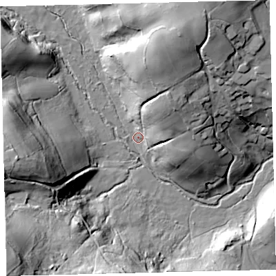 Shaded relief map of the ground around TQ138QY, computed from Environment Agency LiDAR. The ground here sits at about 202 m above sea level and falls 75 m across the surrounding 800 m. Surface water reaching this point runs off ground lying to the north-north-east, 42.8 m higher.