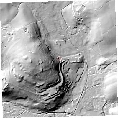 Shaded relief map of the ground around TQ138RF, computed from Environment Agency LiDAR. The ground here sits at about 223 m above sea level and falls 59 m across the surrounding 800 m. Surface water reaching this point runs off ground lying to the west, 40.8 m higher.