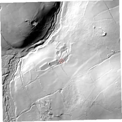 Shaded relief map of the ground around TQ138RP, computed from Environment Agency LiDAR. The ground here sits at about 283 m above sea level and falls 97 m across the surrounding 800 m. Surface water reaching this point runs off ground lying to the south-east, 45.4 m higher.