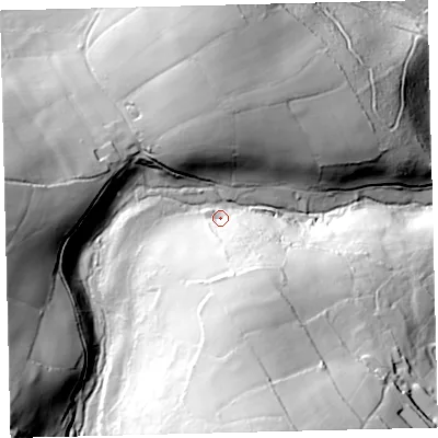 Shaded relief map of the ground around TQ138RW, computed from Environment Agency LiDAR. The ground here sits at about 242 m above sea level and falls 100 m across the surrounding 800 m. Surface water reaching this point runs off ground lying to the south-south-east, 42.4 m higher.