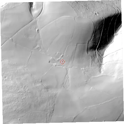 Shaded relief map of the ground around TQ138SR, computed from Environment Agency LiDAR. The ground here sits at about 254 m above sea level and falls 205 m across the surrounding 800 m. Surface water reaching this point runs off ground lying to the south-west, 76.1 m higher.