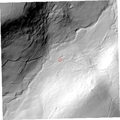 Shaded relief map of the ground around TQ138ST, computed from Environment Agency LiDAR. The ground here sits at about 210 m above sea level and falls 159 m across the surrounding 800 m. Surface water reaching this point runs off ground lying to the south-south-east, 91.4 m higher.