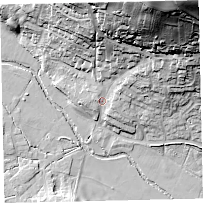 Shaded relief map of the ground around TQ139AD, computed from Environment Agency LiDAR. The ground here sits at about 35 m above sea level and falls 86 m across the surrounding 800 m. Surface water reaching this point runs off ground lying to the north-north-east, 69.4 m higher.
