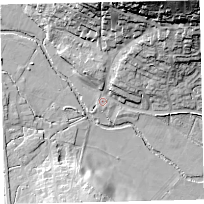 Shaded relief map of the ground around TQ139AF, computed from Environment Agency LiDAR. The ground here sits at about 29 m above sea level and falls 55 m across the surrounding 800 m. Surface water reaching this point runs off ground lying to the north-north-east, 46.8 m higher.
