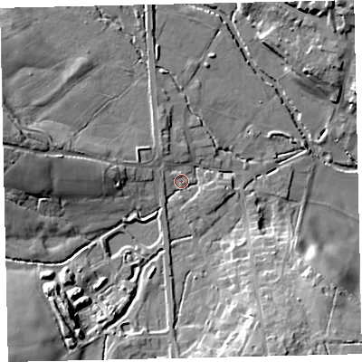 Shaded relief map of the ground around TQ139AP, computed from Environment Agency LiDAR. The ground here sits at about 32 m above sea level and falls 21 m across the surrounding 800 m. Surface water reaching this point runs off ground lying to the south-west, 15.9 m higher.