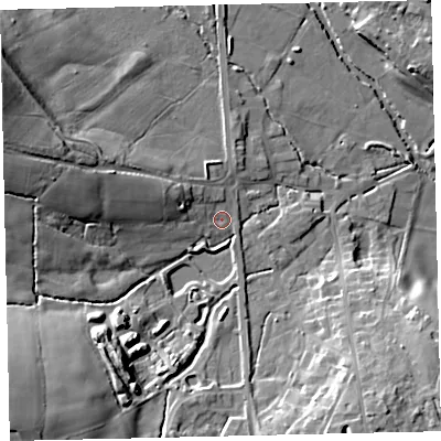 Shaded relief map of the ground around TQ139AT, computed from Environment Agency LiDAR. The ground here sits at about 33 m above sea level and falls 23 m across the surrounding 800 m. Surface water reaching this point runs off ground lying to the south-west, 17.2 m higher.