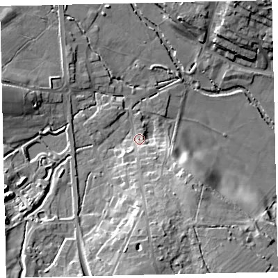 Shaded relief map of the ground around TQ139BB, computed from Environment Agency LiDAR. The ground here sits at about 32 m above sea level and falls 20 m across the surrounding 800 m. Surface water reaching this point runs off ground lying to the south, 14.0 m higher.