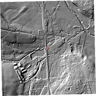 Shaded relief map of the ground around TQ139BH, computed from Environment Agency LiDAR. The ground here sits at about 32 m above sea level and falls 21 m across the surrounding 800 m. Surface water reaching this point runs off ground lying to the south, 1.7 m higher.