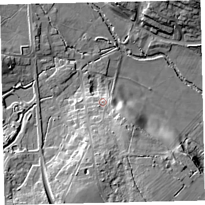 Shaded relief map of the ground around TQ139BT, computed from Environment Agency LiDAR. The ground here sits at about 35 m above sea level and falls 21 m across the surrounding 800 m. Surface water reaching this point runs off ground lying to the south-south-west, 5.4 m higher.