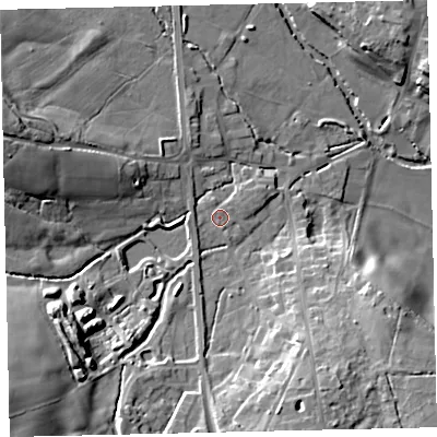 Shaded relief map of the ground around TQ139BW, computed from Environment Agency LiDAR. The ground here sits at about 32 m above sea level and falls 20 m across the surrounding 800 m. Surface water reaching this point runs off ground lying to the south-west, 1.7 m higher.