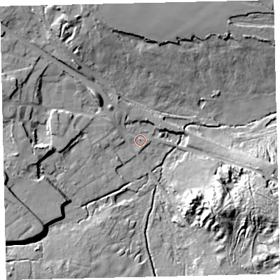 Shaded relief map of the ground around TQ139DT, computed from Environment Agency LiDAR. The ground here sits at about 27 m above sea level and falls 22 m across the surrounding 800 m. Surface water reaching this point runs off ground lying to the north-north-west, 16.5 m higher.