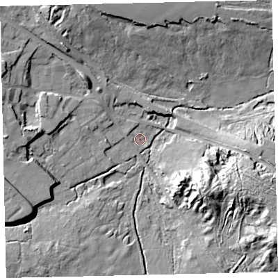 Shaded relief map of the ground around TQ139DU, computed from Environment Agency LiDAR. The ground here sits at about 26 m above sea level and falls 21 m across the surrounding 800 m. Surface water reaching this point runs off ground lying to the north-west, 18.0 m higher.
