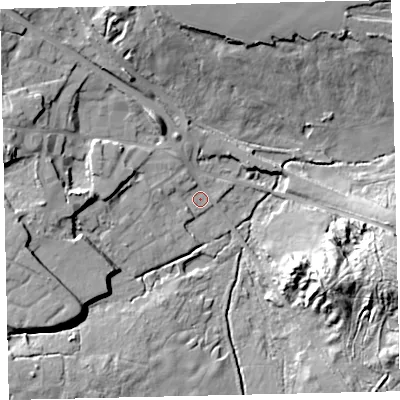 Shaded relief map of the ground around TQ139DX, computed from Environment Agency LiDAR. The ground here sits at about 27 m above sea level and falls 20 m across the surrounding 800 m. Surface water reaching this point runs off ground lying to the north-north-west, 16.1 m higher.