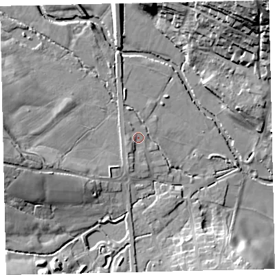 Shaded relief map of the ground around TQ139FF, computed from Environment Agency LiDAR. The ground here sits at about 32 m above sea level and falls 41 m across the surrounding 800 m. Surface water reaching this point runs off ground lying to the south-south-west, 1.9 m higher.