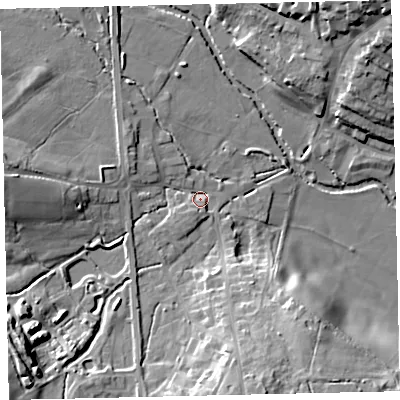 Shaded relief map of the ground around TQ139FG, computed from Environment Agency LiDAR. The ground here sits at about 31 m above sea level and falls 22 m across the surrounding 800 m. Surface water reaching this point runs off ground lying to the south-west, 15.3 m higher.