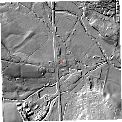 Shaded relief map of the ground around TQ139GA, computed from Environment Agency LiDAR. The ground here sits at about 32 m above sea level and falls 27 m across the surrounding 800 m. Surface water reaching this point runs off ground lying to the west-south-west, 3.7 m higher.